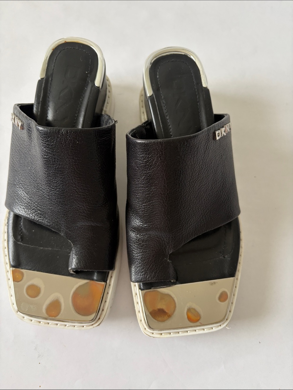 DKNY Black Leather Slide Sandals with Silver & Gold Toe Trim
